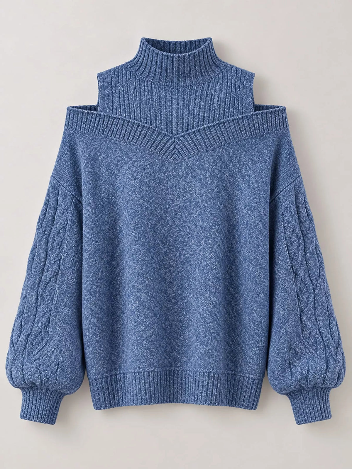 Blue cold shoulder mock neck cable knit sweater, front view
