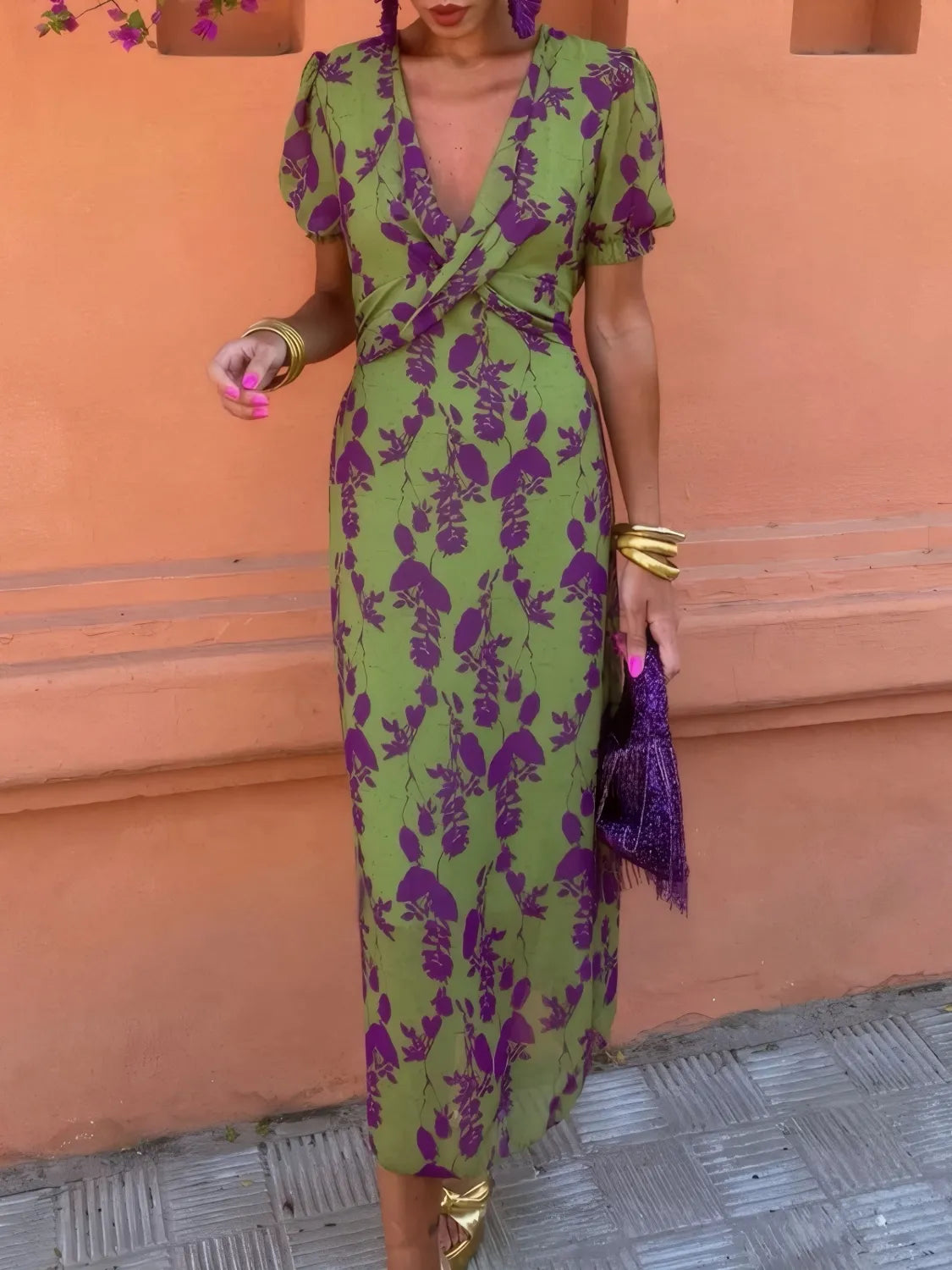 Trendsi Printed Plunge Short Sleeve Midi Dress -