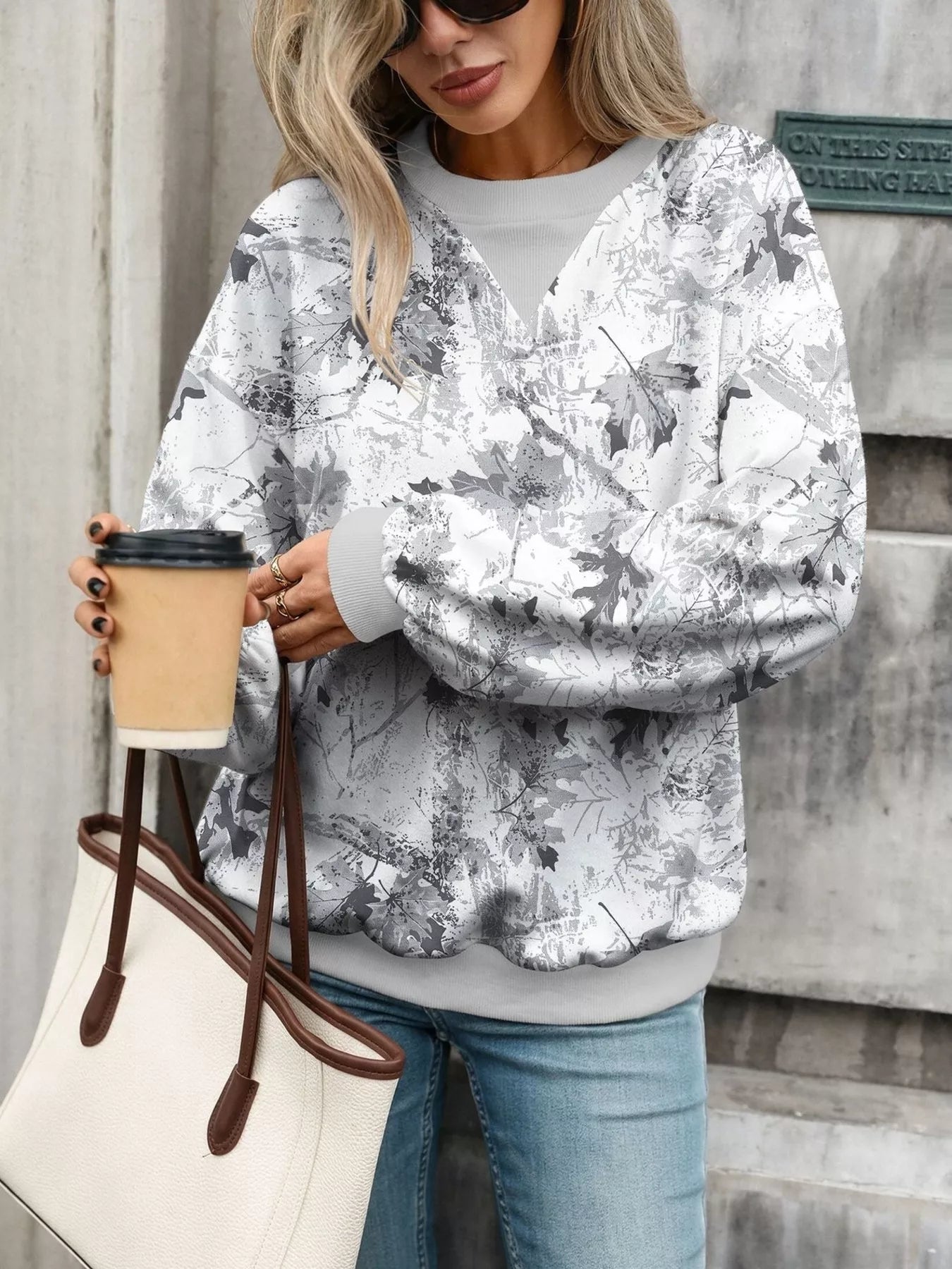 Trendsi Leaf Print Sweatshirt with Contrasting Trim -