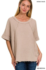 Trendsi Zenana Washed Double Gauze Exposed Seam Short Sleeve Top -