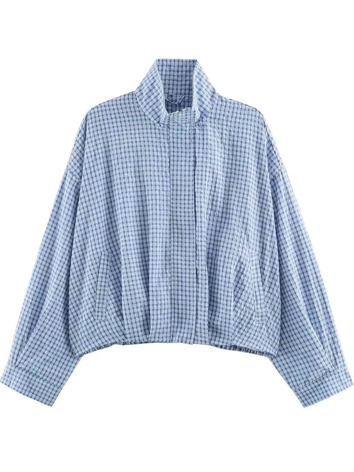 Sky Blue plaid stand-collar cropped jacket