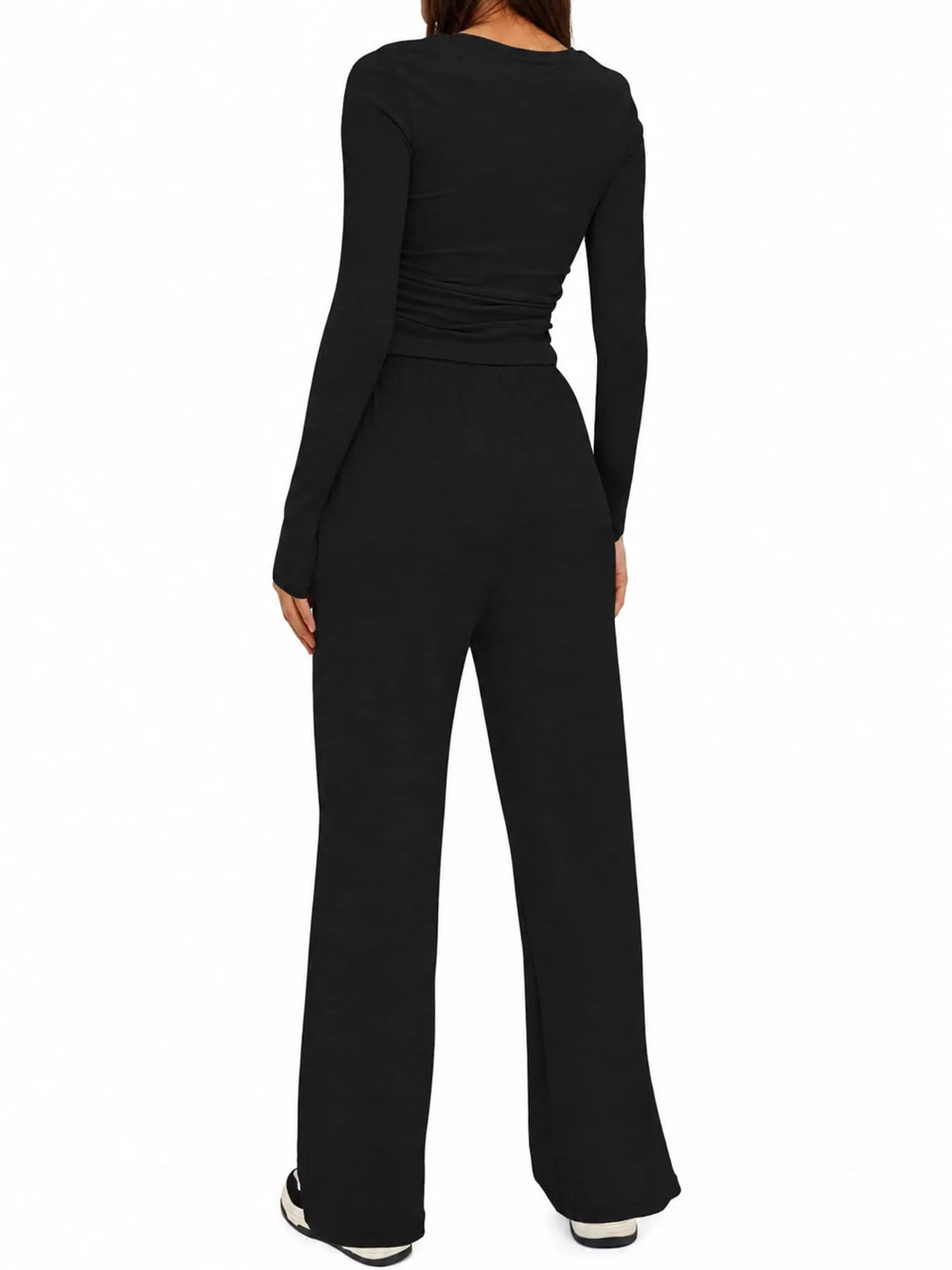 Long Sleeve Top and Wide-Leg Drawstring Pants Set — back view