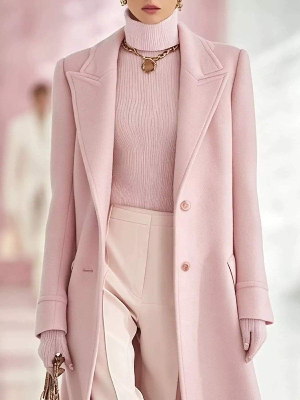Women's Lapel Collar Longline Coat in pink — lapel detail view