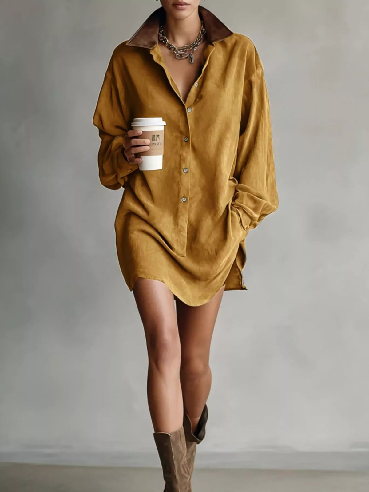 Mustard contrast-collar mini shirt dress, full front view.