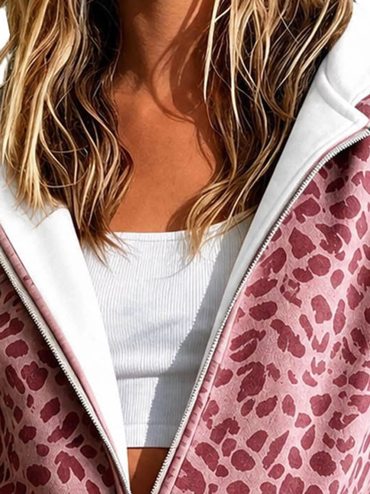 Women's Leopard Zip Up Hoodie in pink — neckline detail view