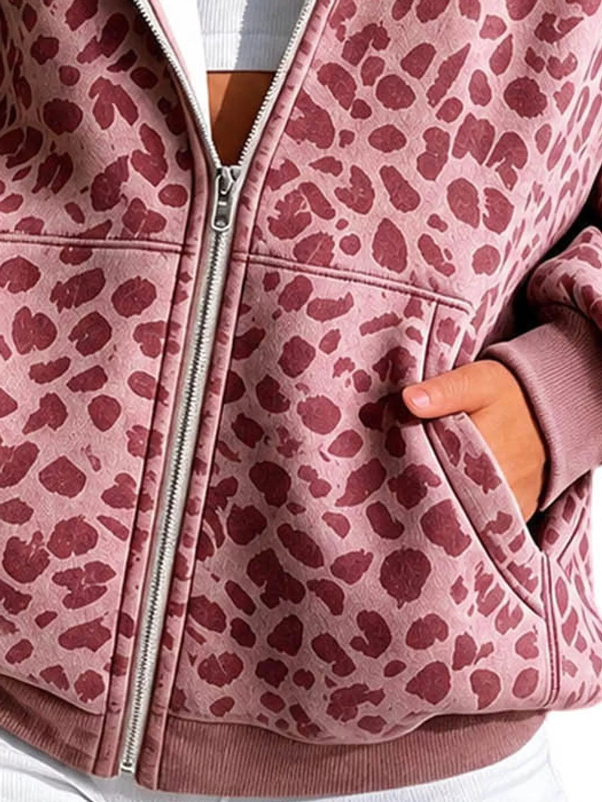 Women's Leopard Zip Up Hoodie in pink — pocket detail view