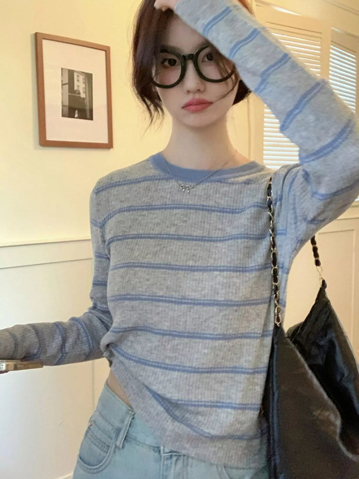 Striped Round Neck Ribbed Knit Top in gray and blue