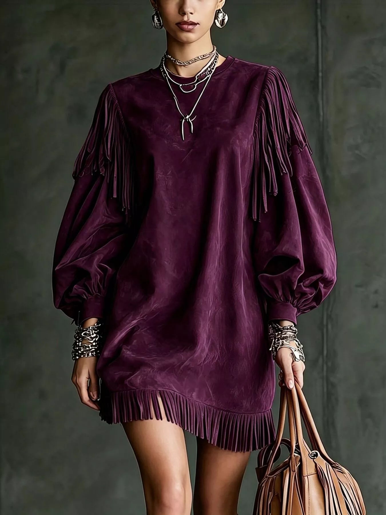 Trendsi Fringe Detail Lantern Sleeve Mini Dress -