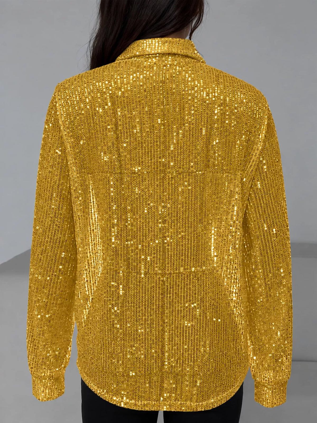 Gold sequin button up long sleeve shirt, back view