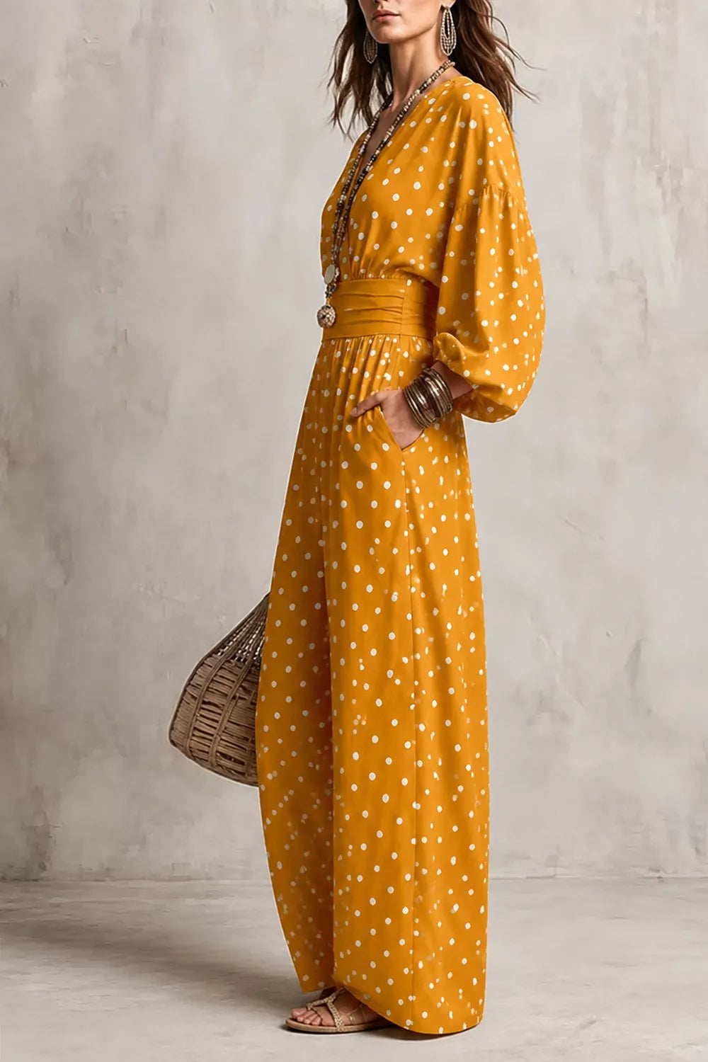Women's Polka Dot Wide-Leg Jumpsuit in Mustard, alternate view