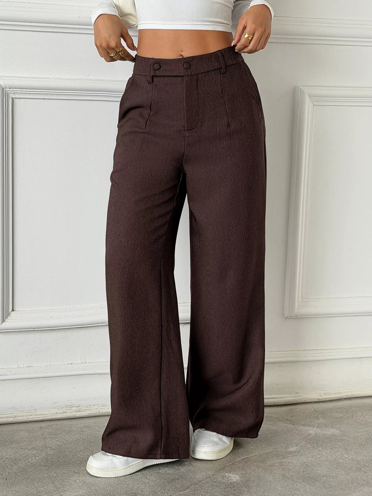 High-Waisted Wide-Leg Pants with Button Detail, front view