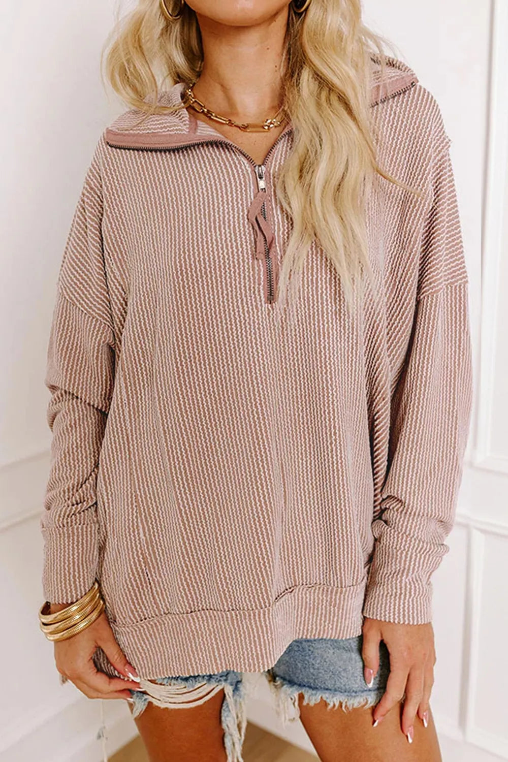 Trendsi Twist Ribbed Zipper Collar Drop Shoulder Long Sleeve Top -
