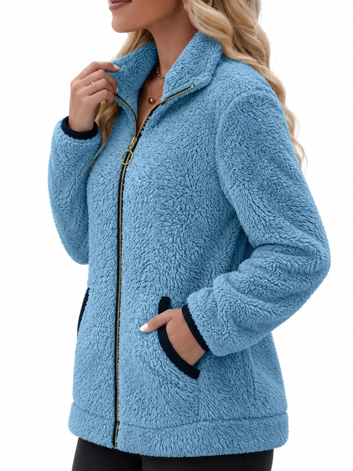 Contrast-trim fleece jacket, blue side