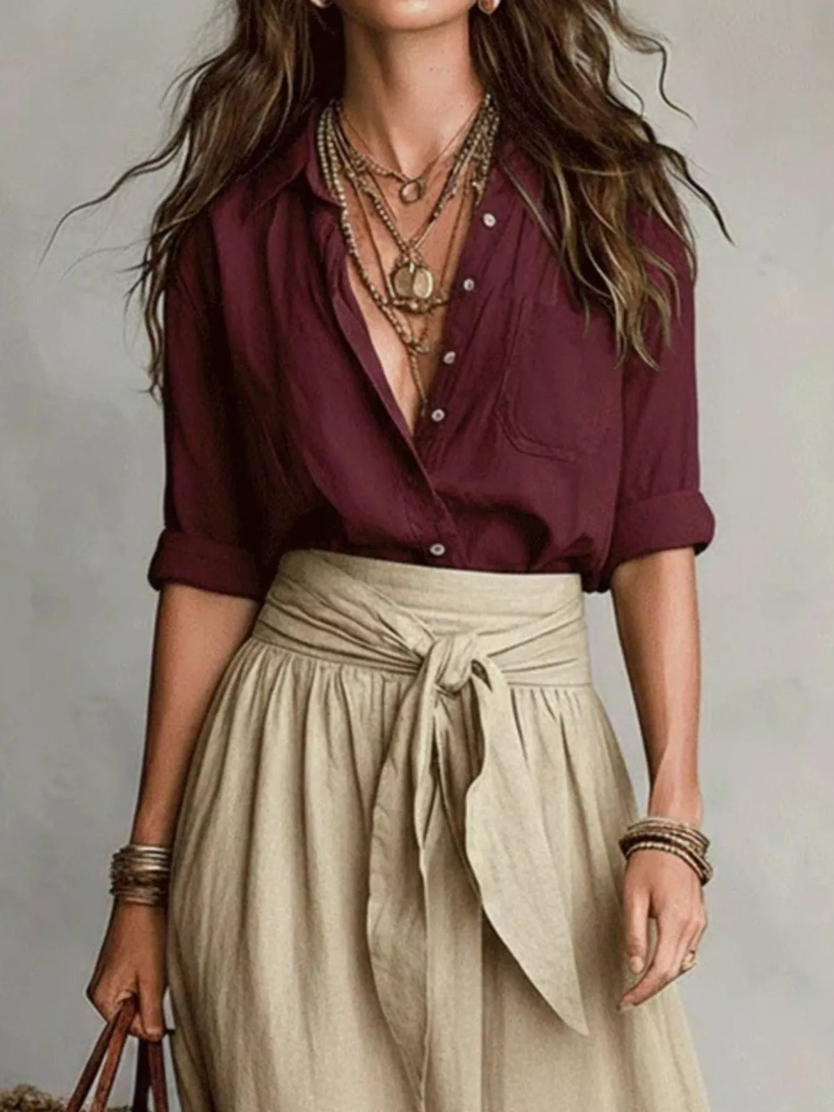 Burgundy and beige button-front shirt and skirt set, shirt and waist tie detail