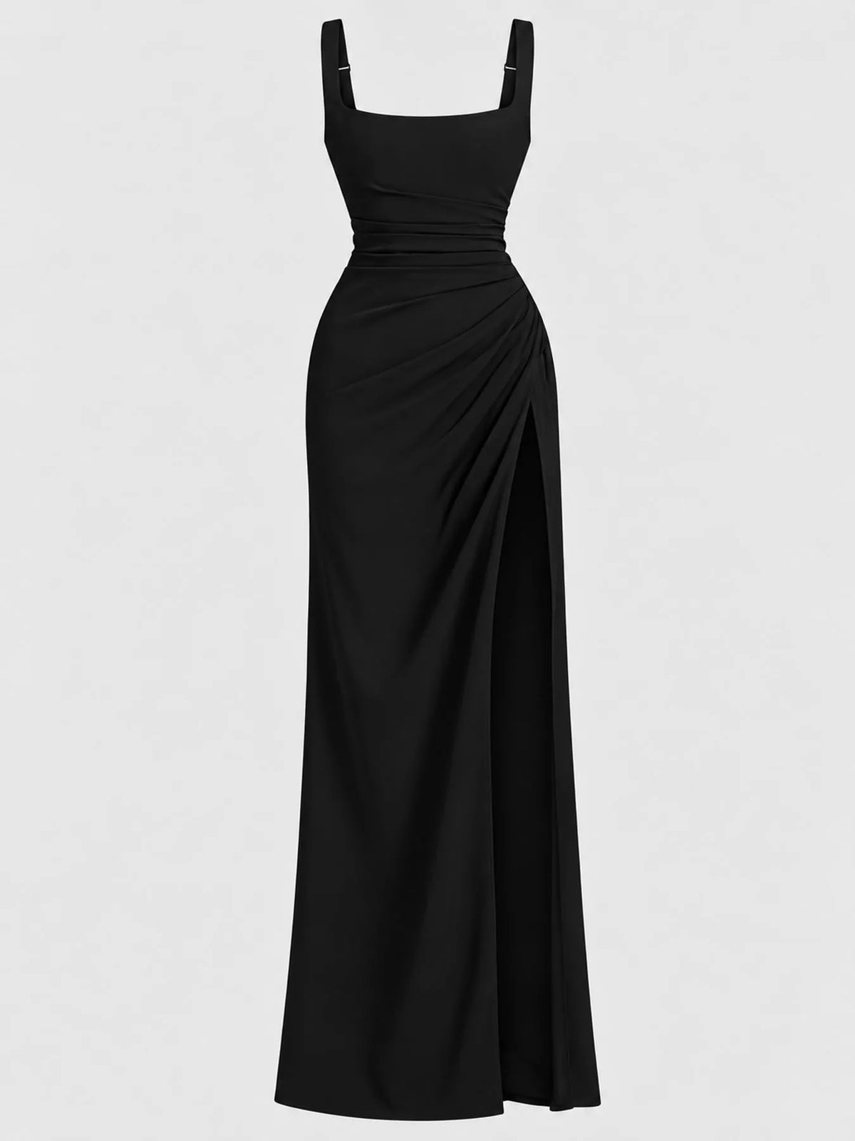 Women's Sleeveless High-Slit Evening Maxi Dress in black — flat lay view