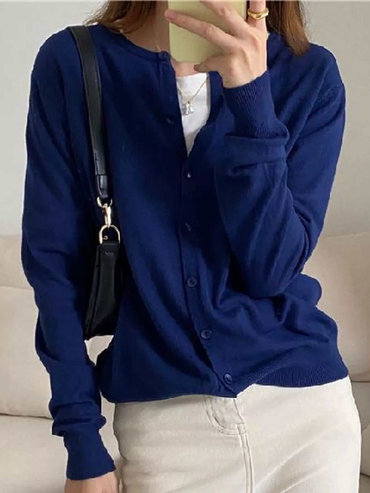Women's Crew Neck Button-Down Knit Cardigan in navy — front view