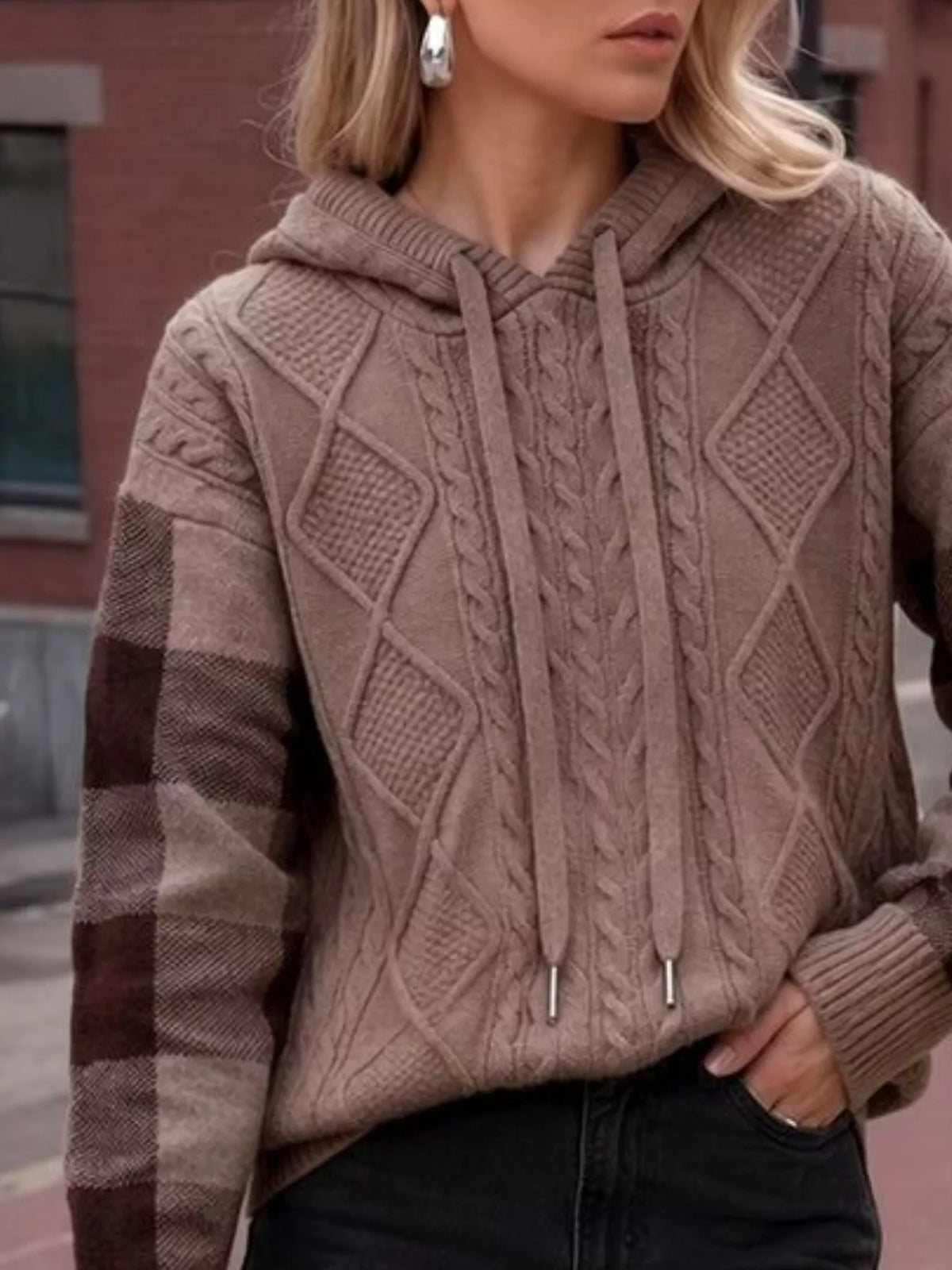 Trendsi Cable-Knit Plaid Sleeves Hooded Sweater -