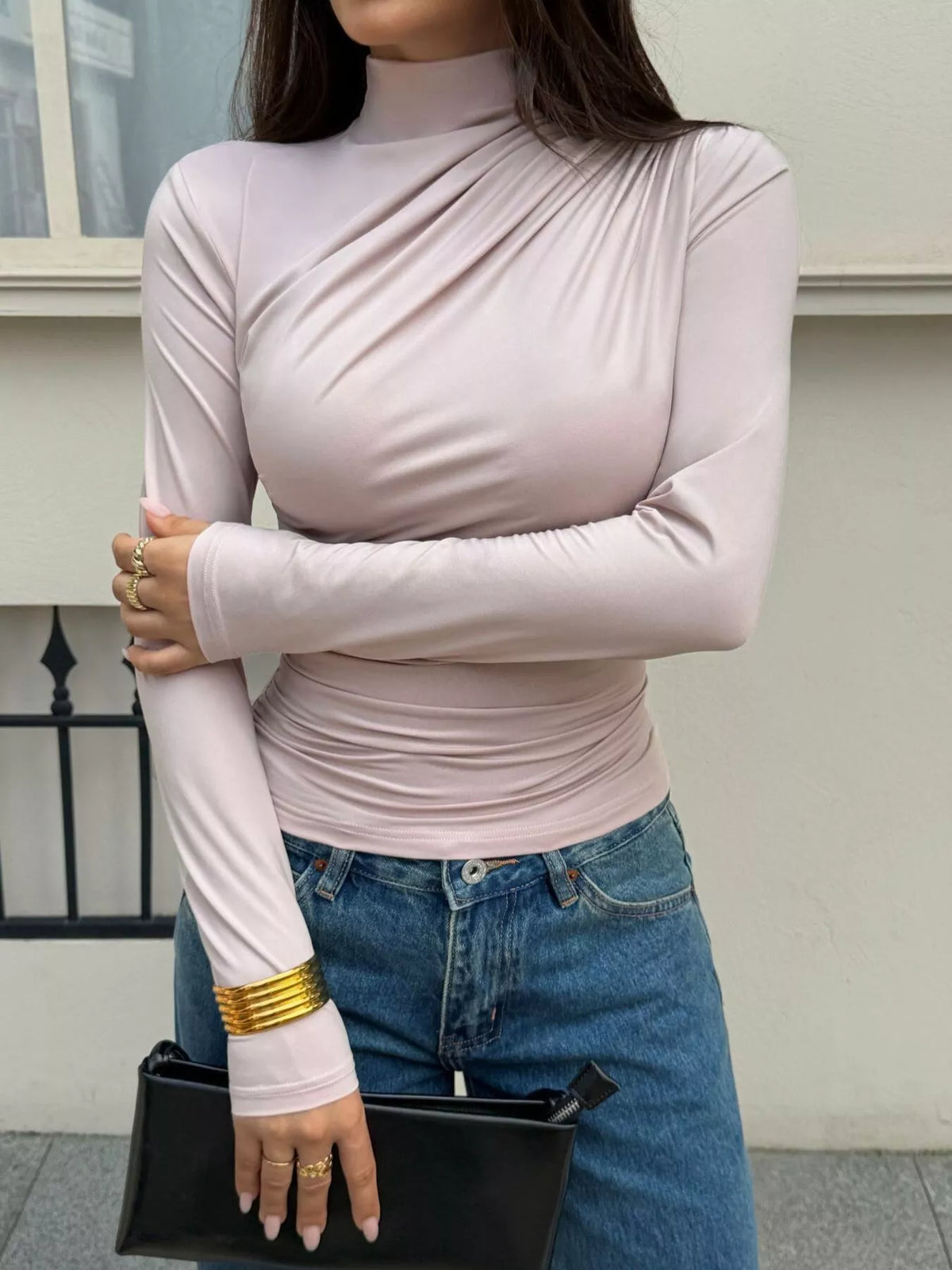 Mock Neck Ruched Slim-Fit Long Sleeve T-Shirt in beige, front view