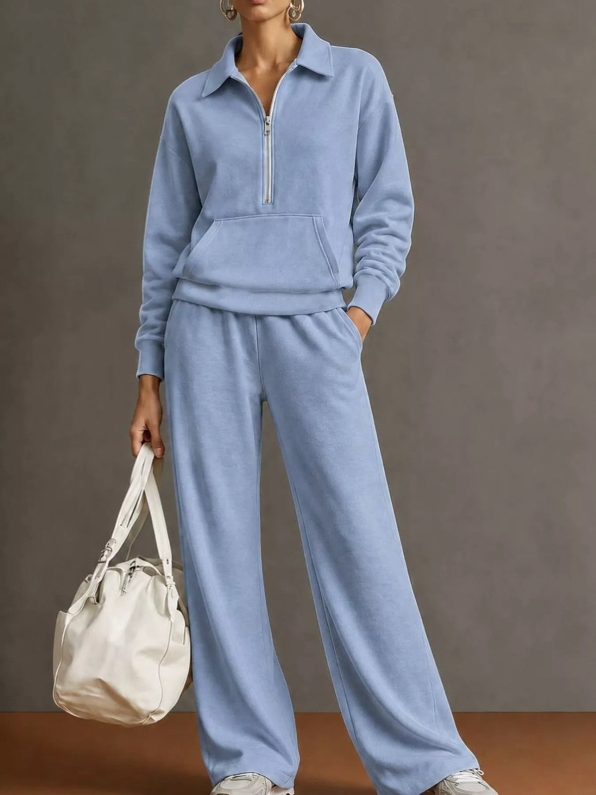 Collared long sleeve outfit set, front view on model