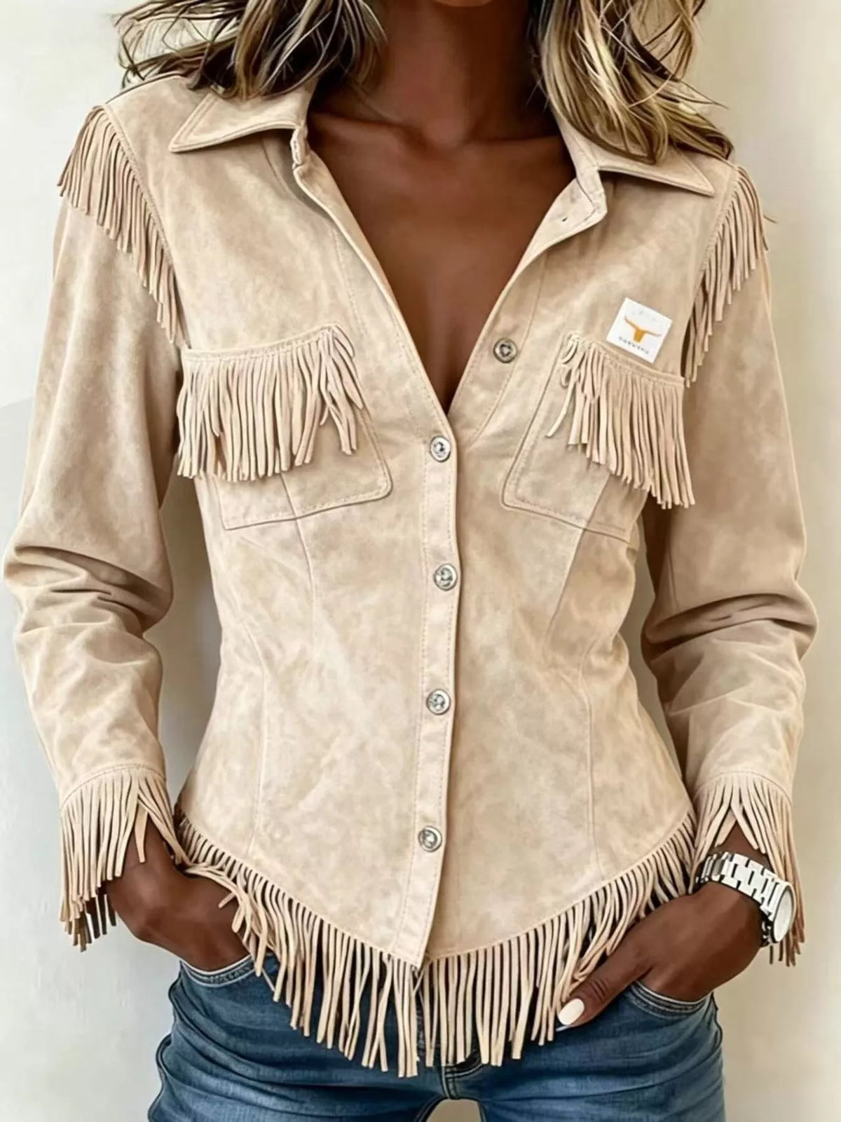 Fringed Snap Down Jacket in beige, front view
