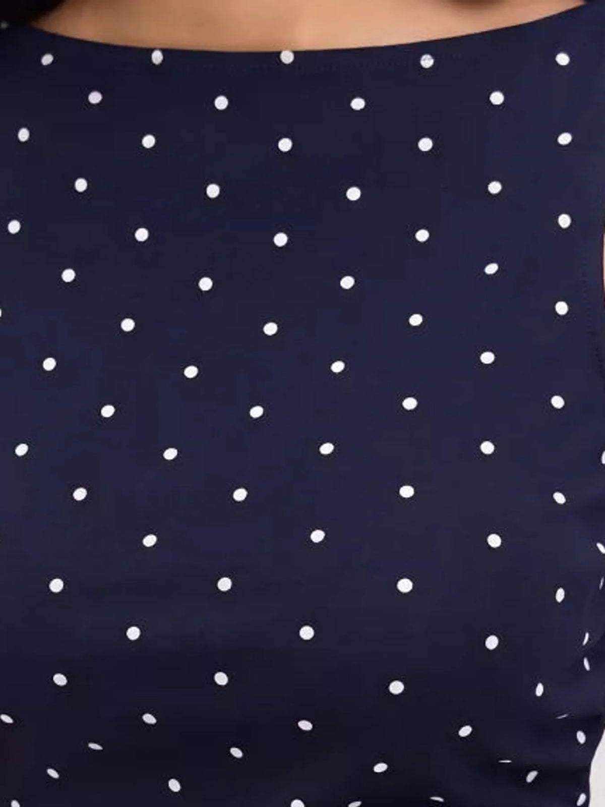 Polka Dot Print Sleeveless Tank Top with Tie Back, detail view in navy blue and white