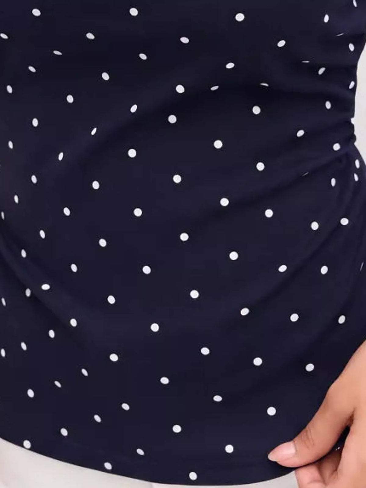 Polka Dot Print Sleeveless Tank Top with Tie Back, detail view in navy blue and white