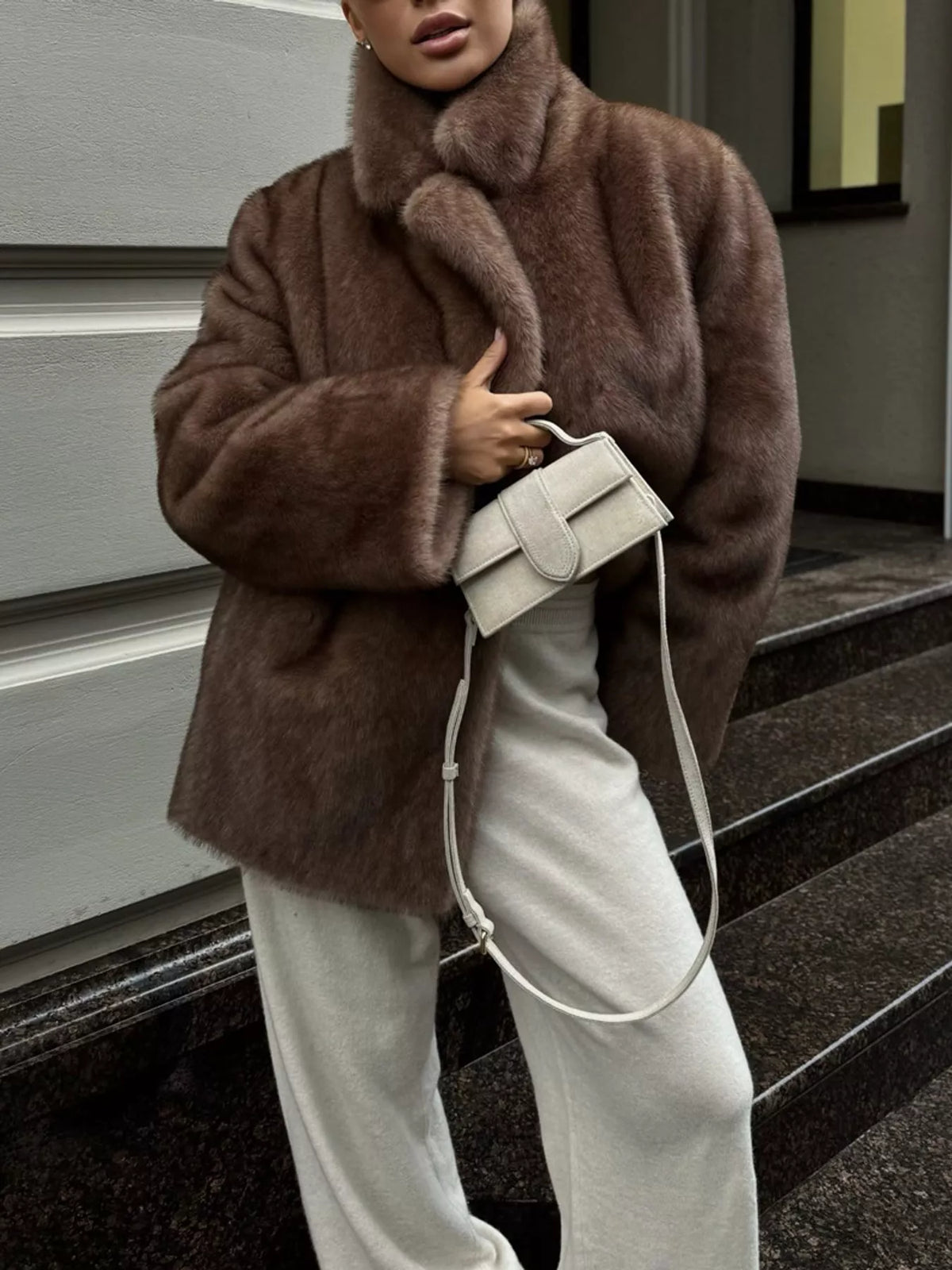 Faux Fur Open Front Coat in dark brown