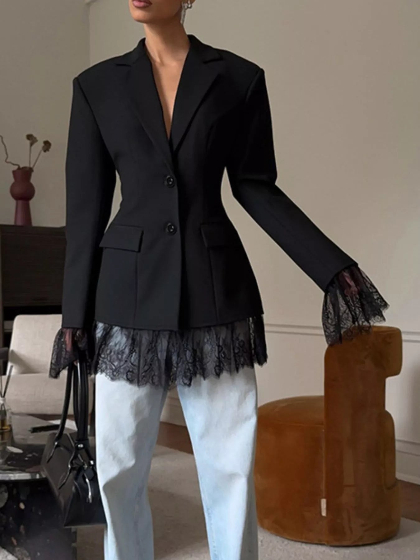 Trendsi Lace Hem Button Down Blazer -