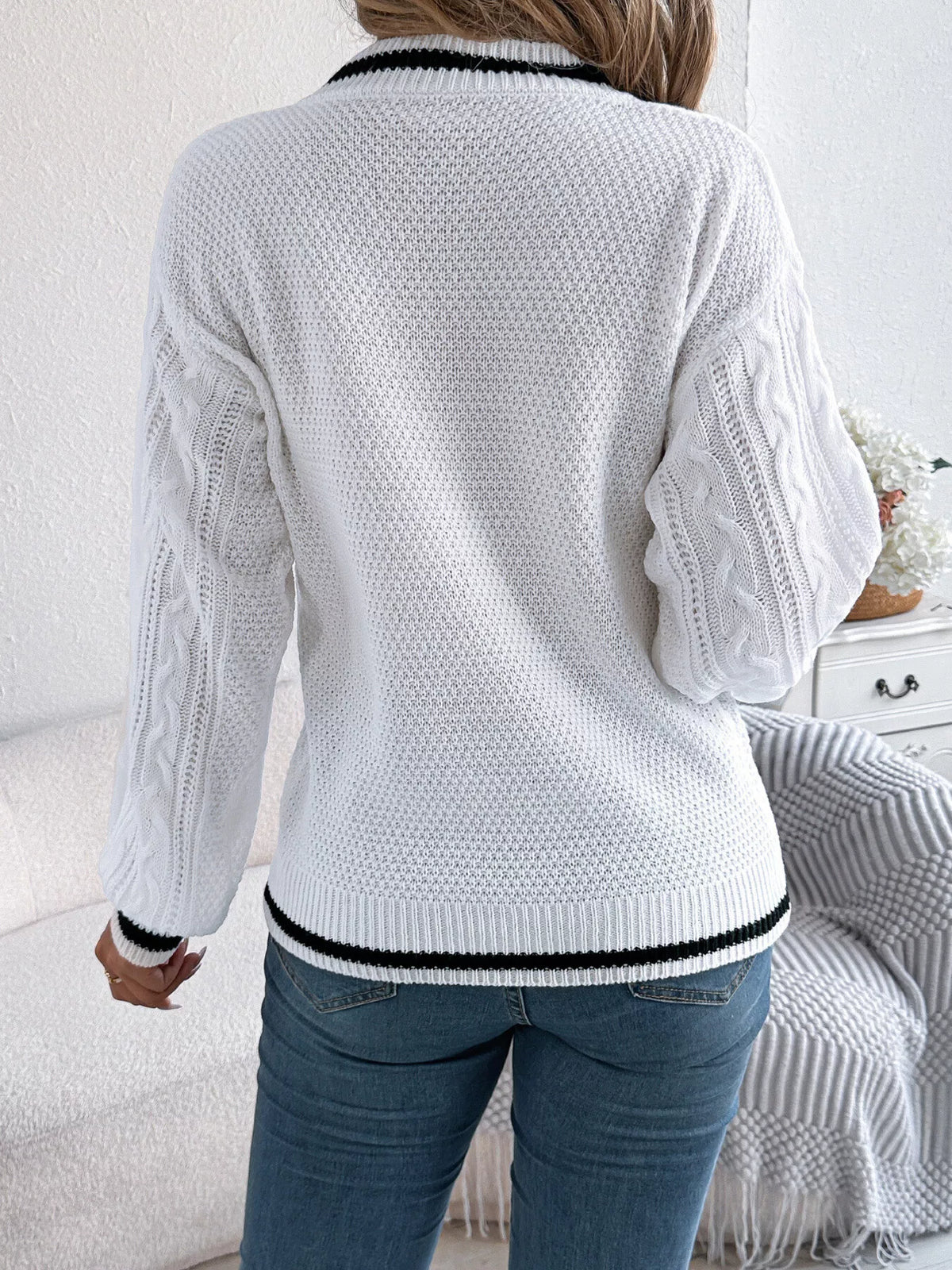 V-Neck Cable Knit Sweater with Striped Trim in white, back view