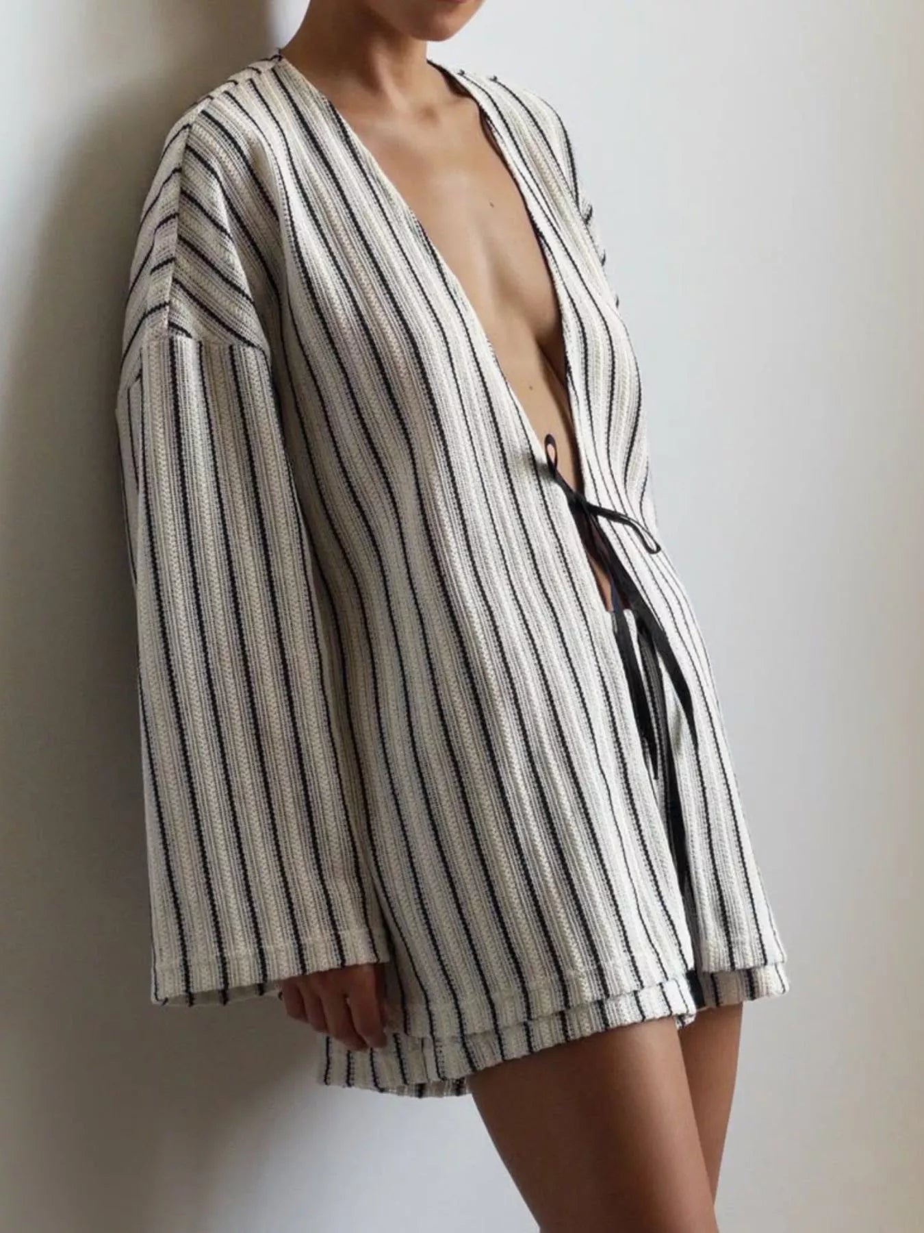 Trendsi Striped Tie Front Top and Shorts Lounge Set -