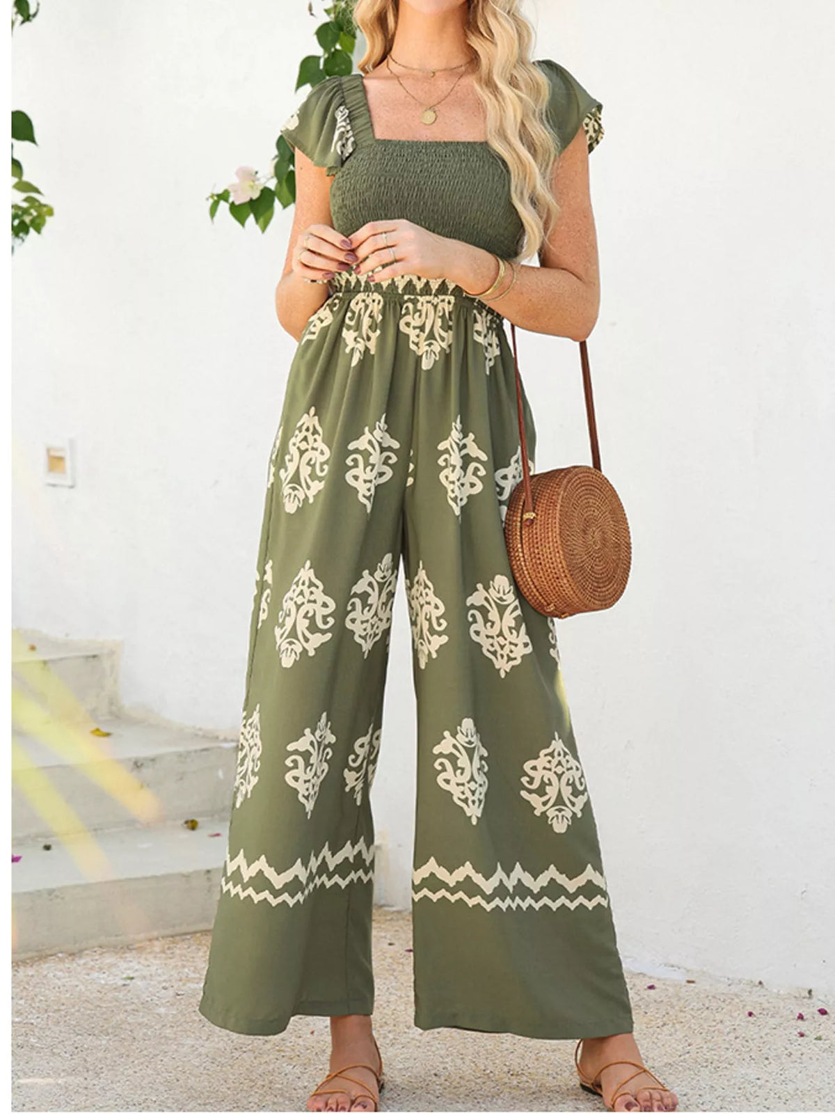 Wide-leg ornamental-print short-sleeve jumpsuit