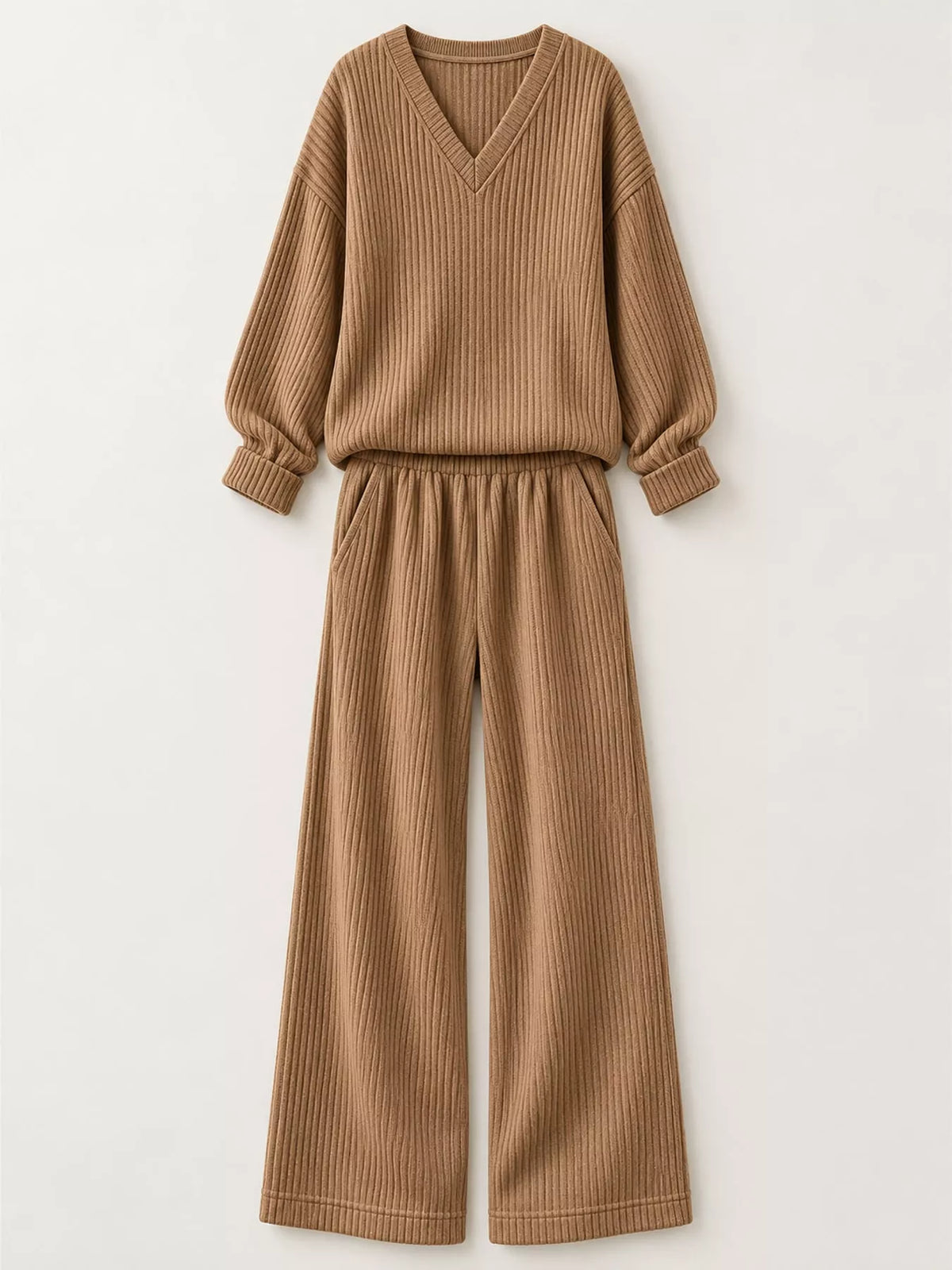 Brown corduroy v-neck top and pants set — front view