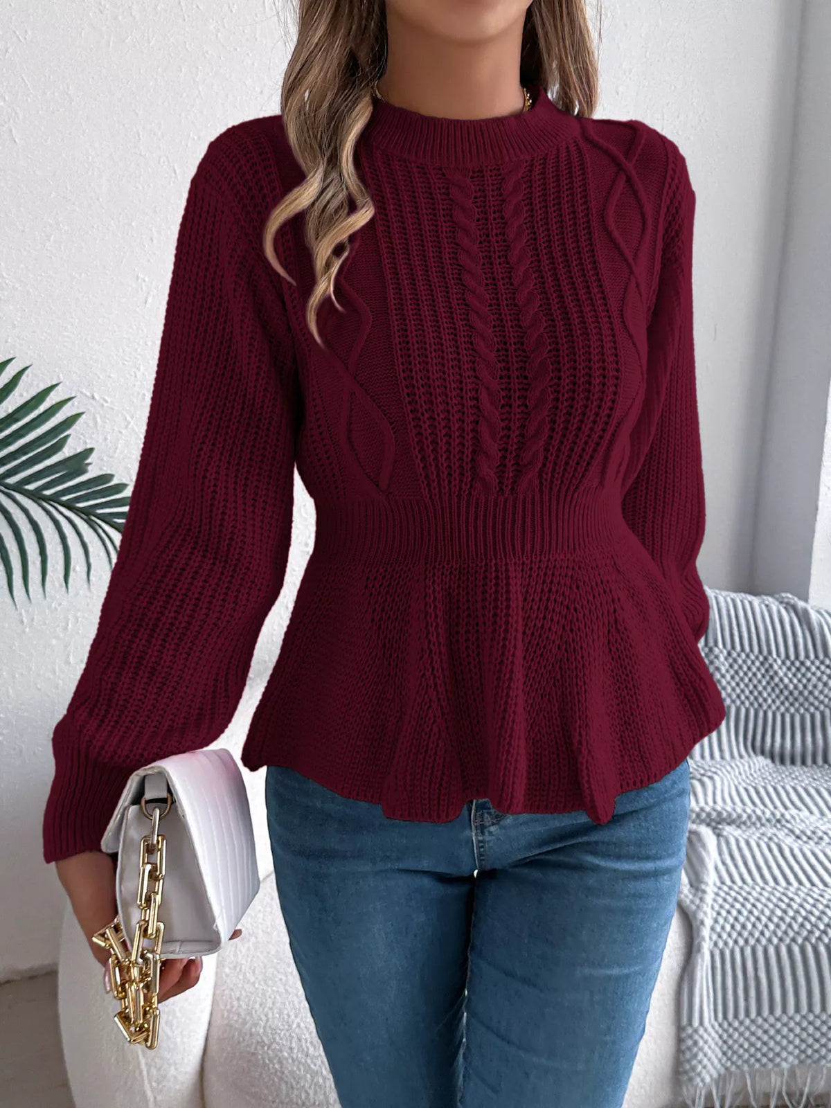 Cable Knit Peplum Sweater in burgundy, front view