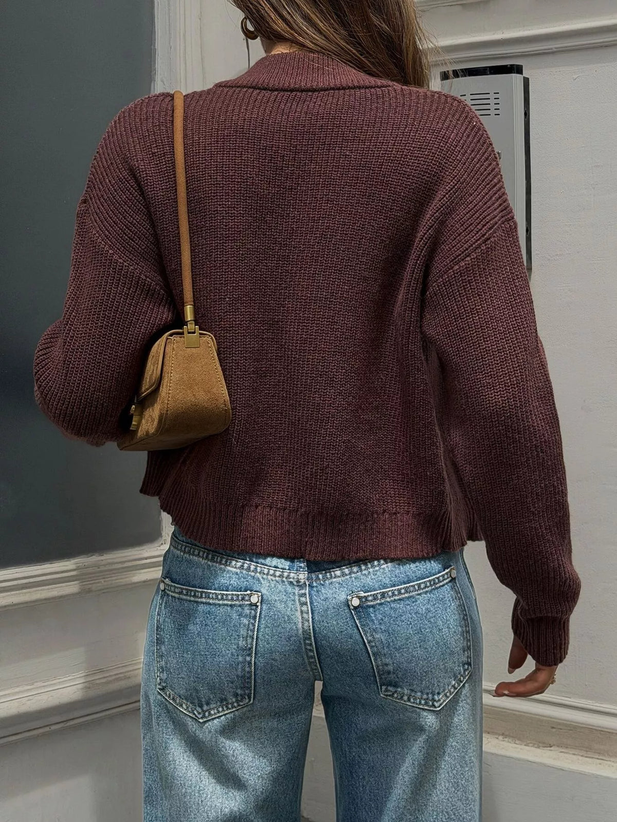 Ribbed Knit Zip-Up Bomber Cardigan, back view