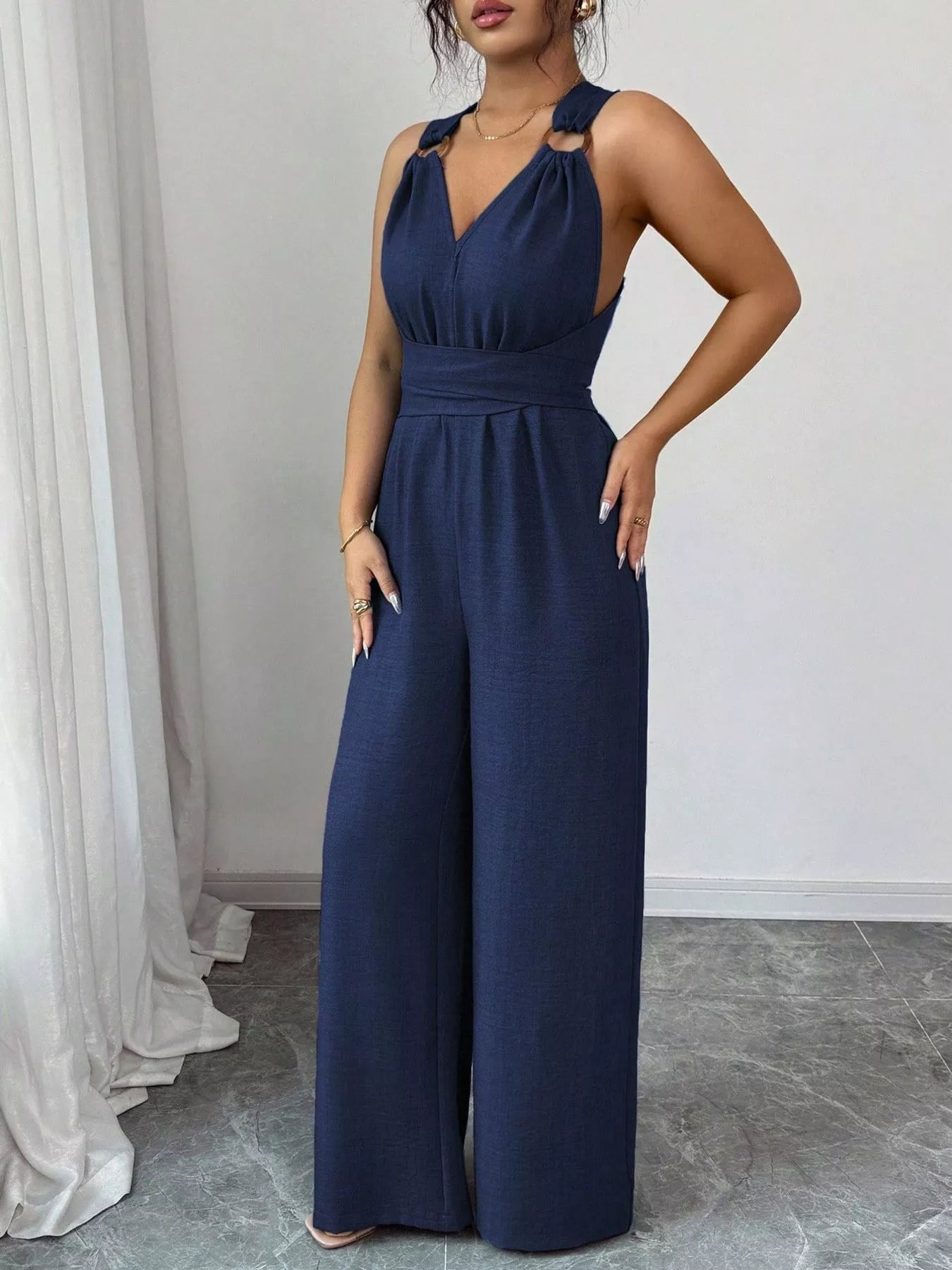 Trendsi Sleeveless V-Neck Wide-Leg Jumpsuit with O-Ring Detail -