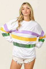 Trendsi BiBi Sequin Mardi Gras Striped Round Neck Sweatshirt -