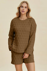 Trendsi Double Take Full Size Texture Round Neck Long Sleeve Top and Shorts Set -