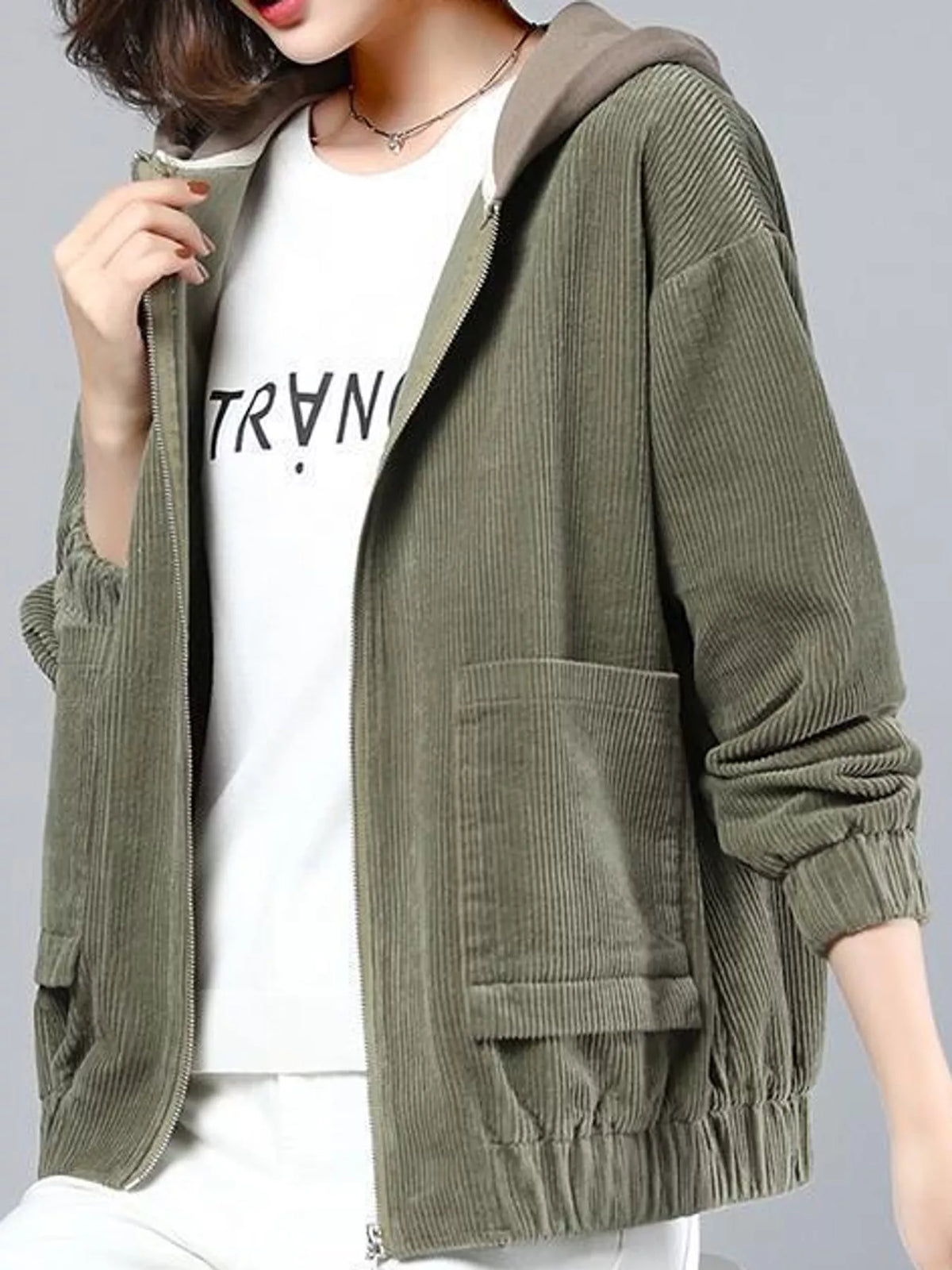 Olive corduroy hooded zip-up jacket — design and construction details