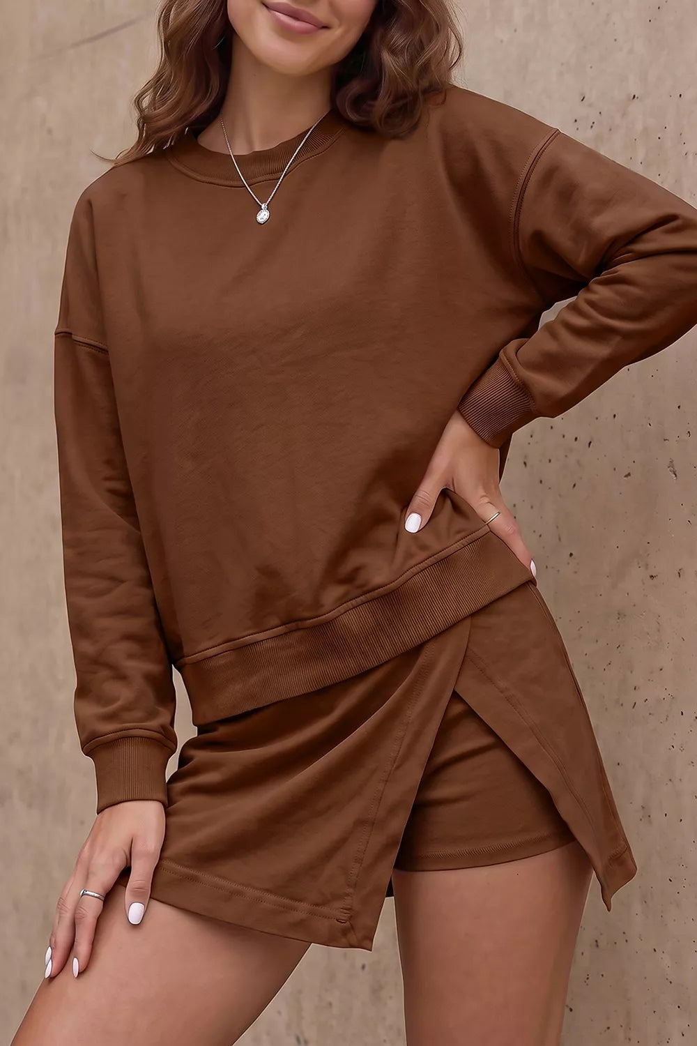 Trendsi Solid Color Long Sleeve Top Split Skort 2pcs Outfit -