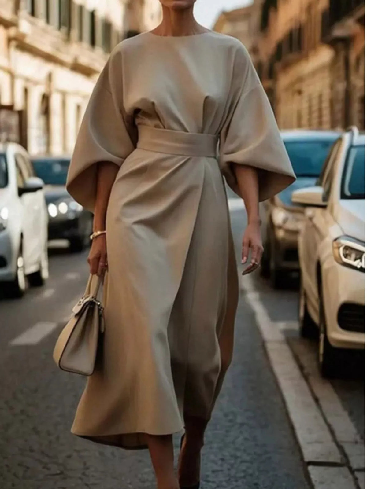 Khaki round neck kimono sleeve midi dress