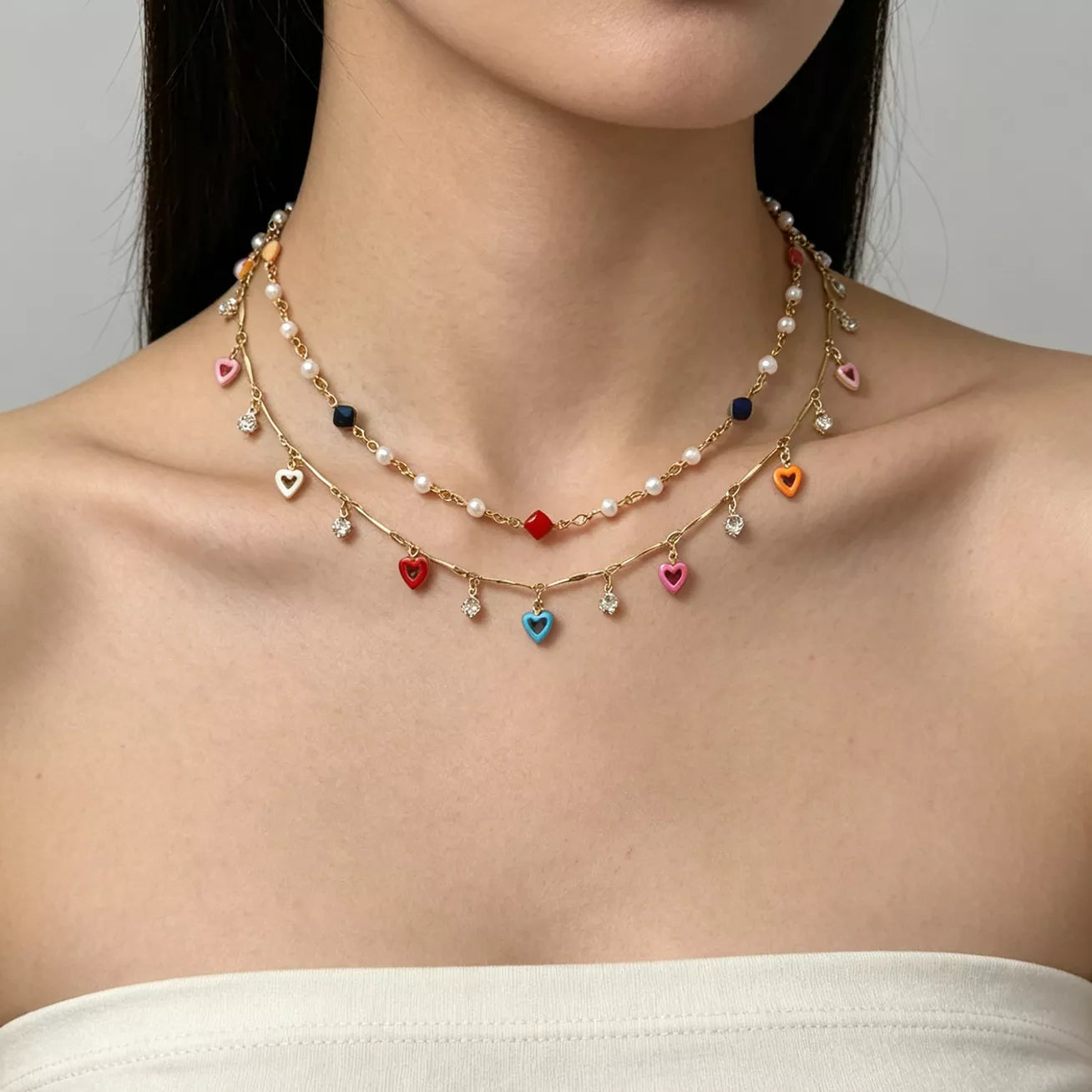 Women's 2 Piece Heart Charm Necklace Set Pearl Zircon Gold Plated