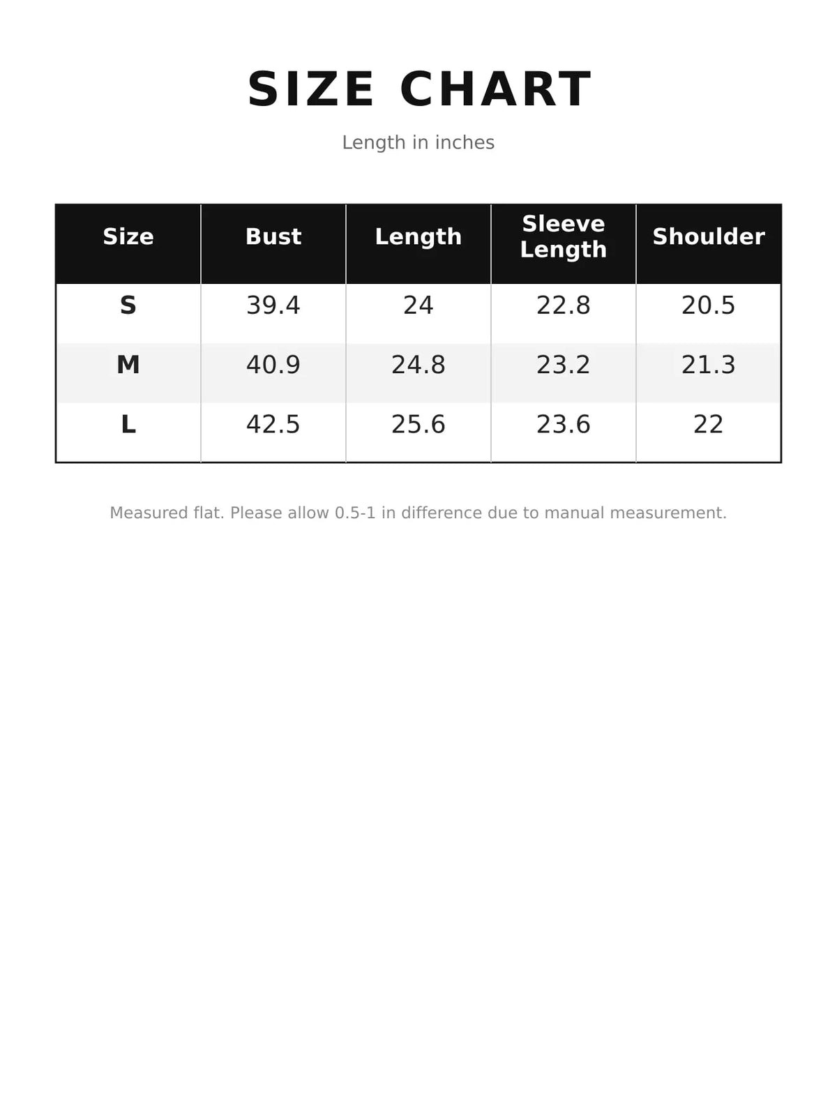 Size chart for v-neck dropped shoulder graphic sweatshirt