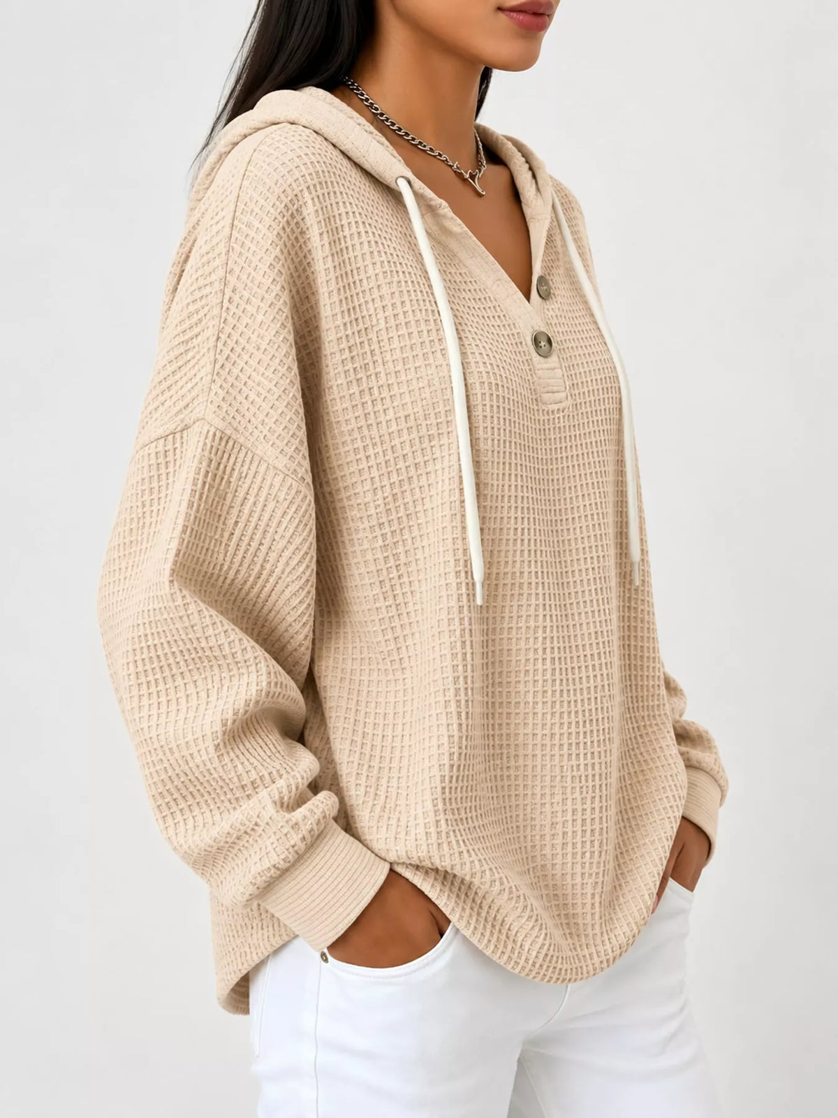 Waffle-knit hoodie, beige side