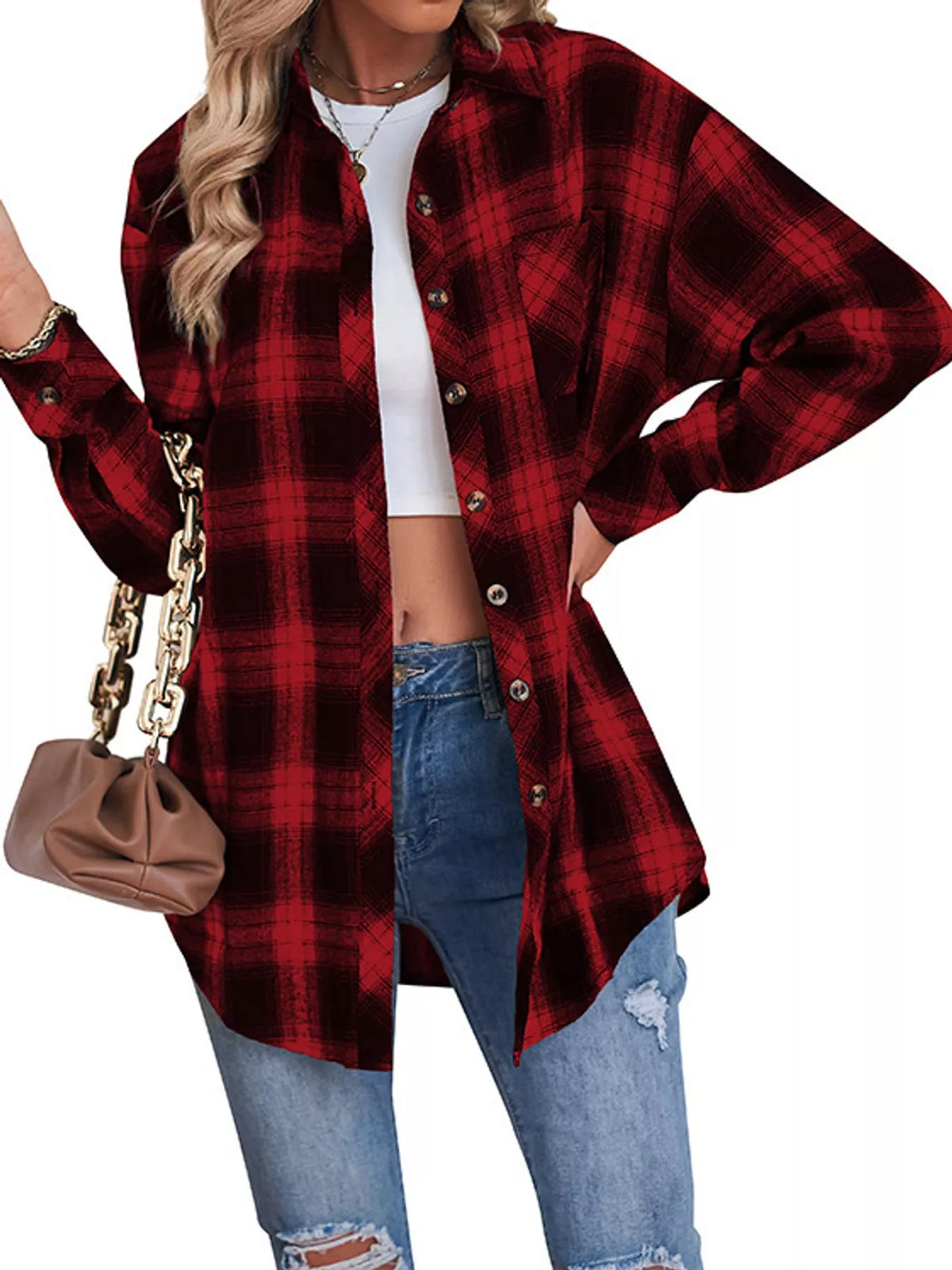 Oversized plaid shirt, red plaid open front
