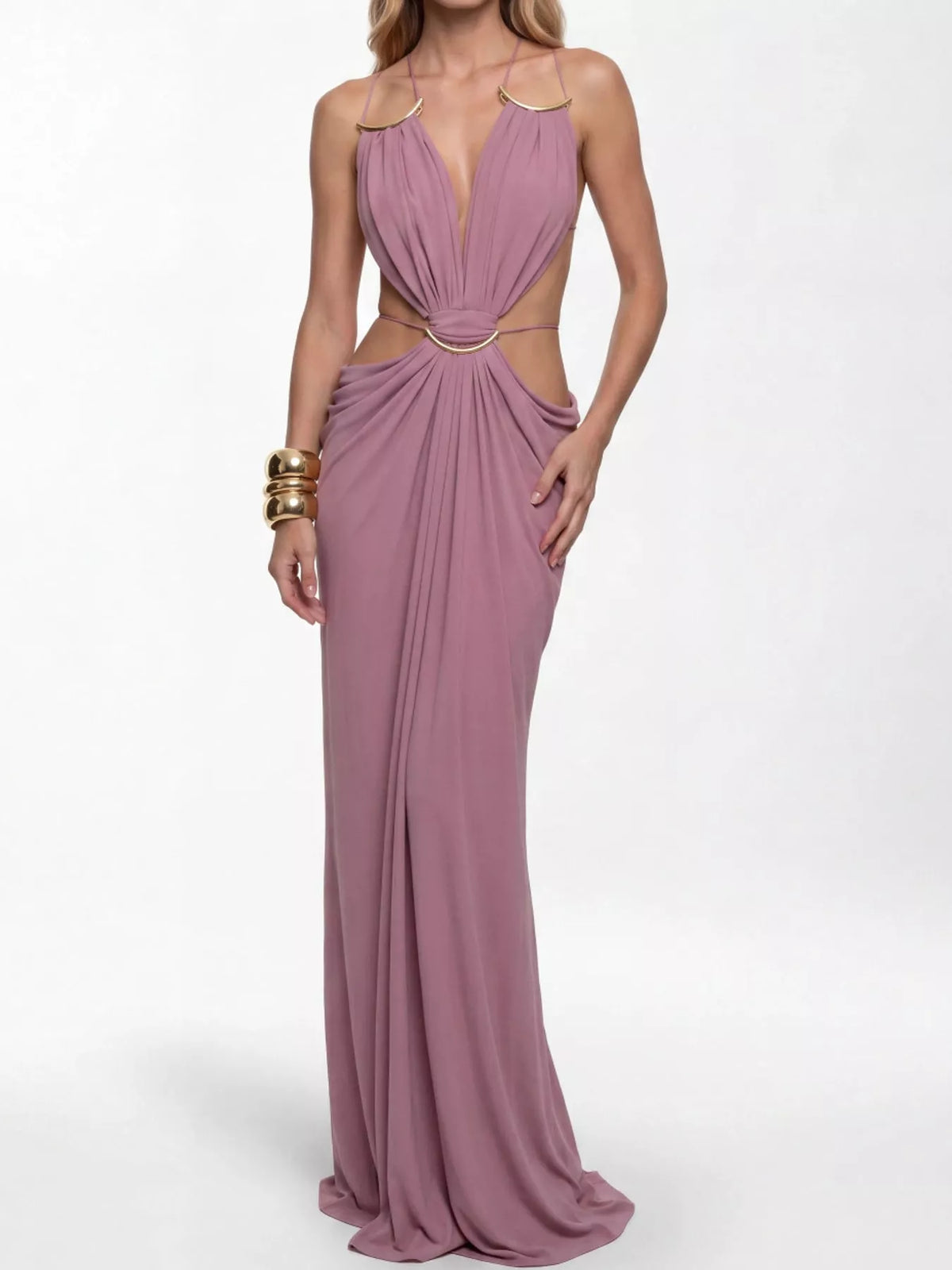 Purple backless plunge cut-out maxi dress