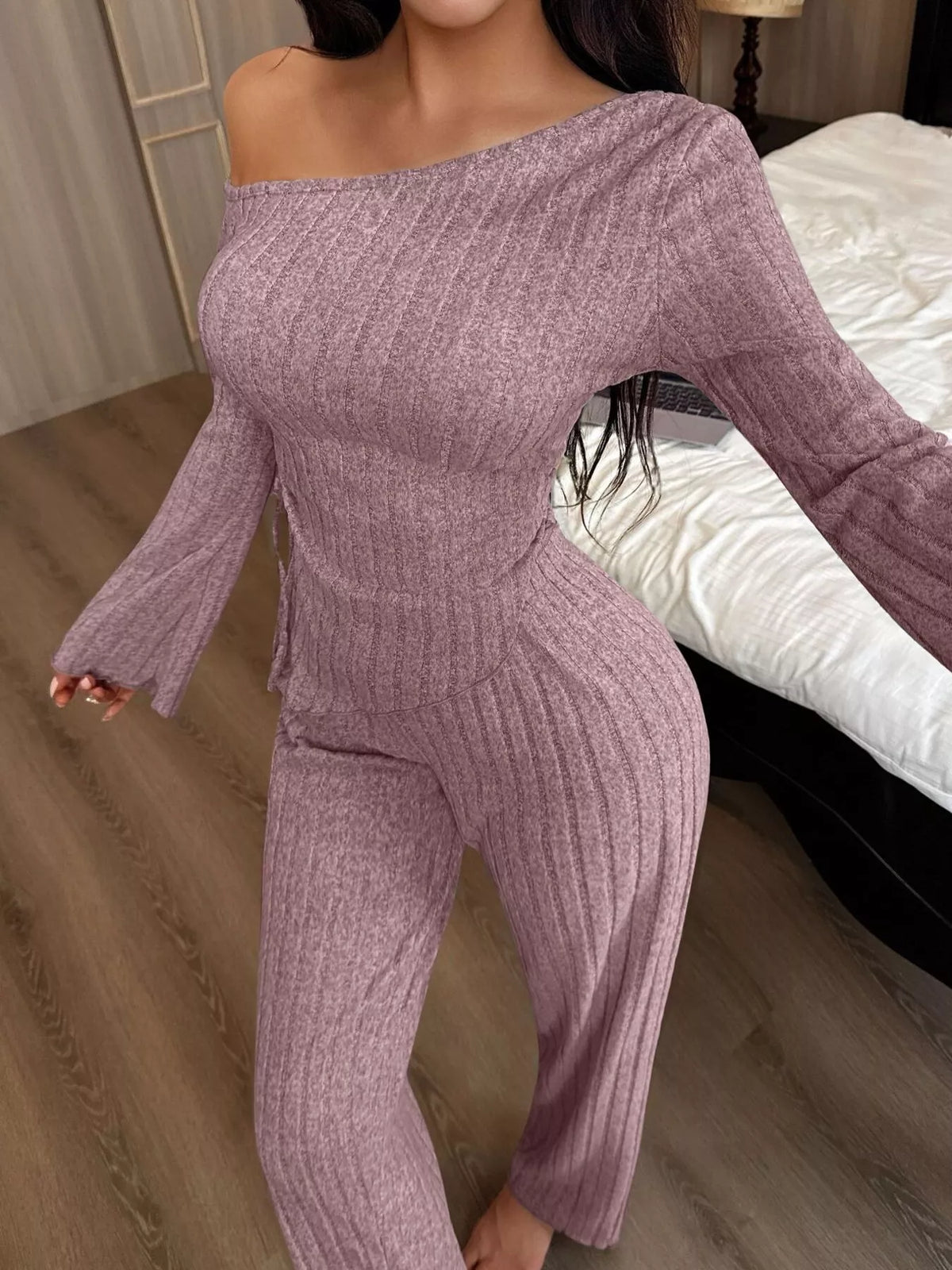 Trendsi One-Shoulder Ribbed Knit Top and Pants Set -