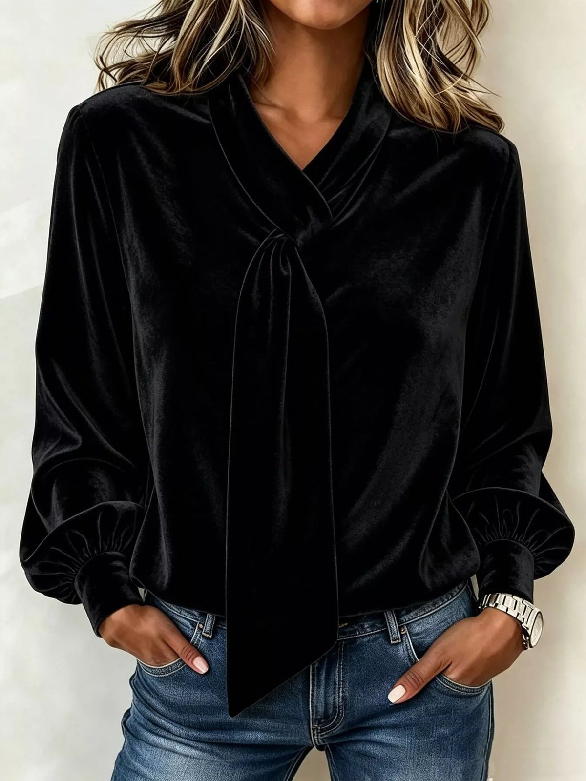 Black velvet tie-neck blouse