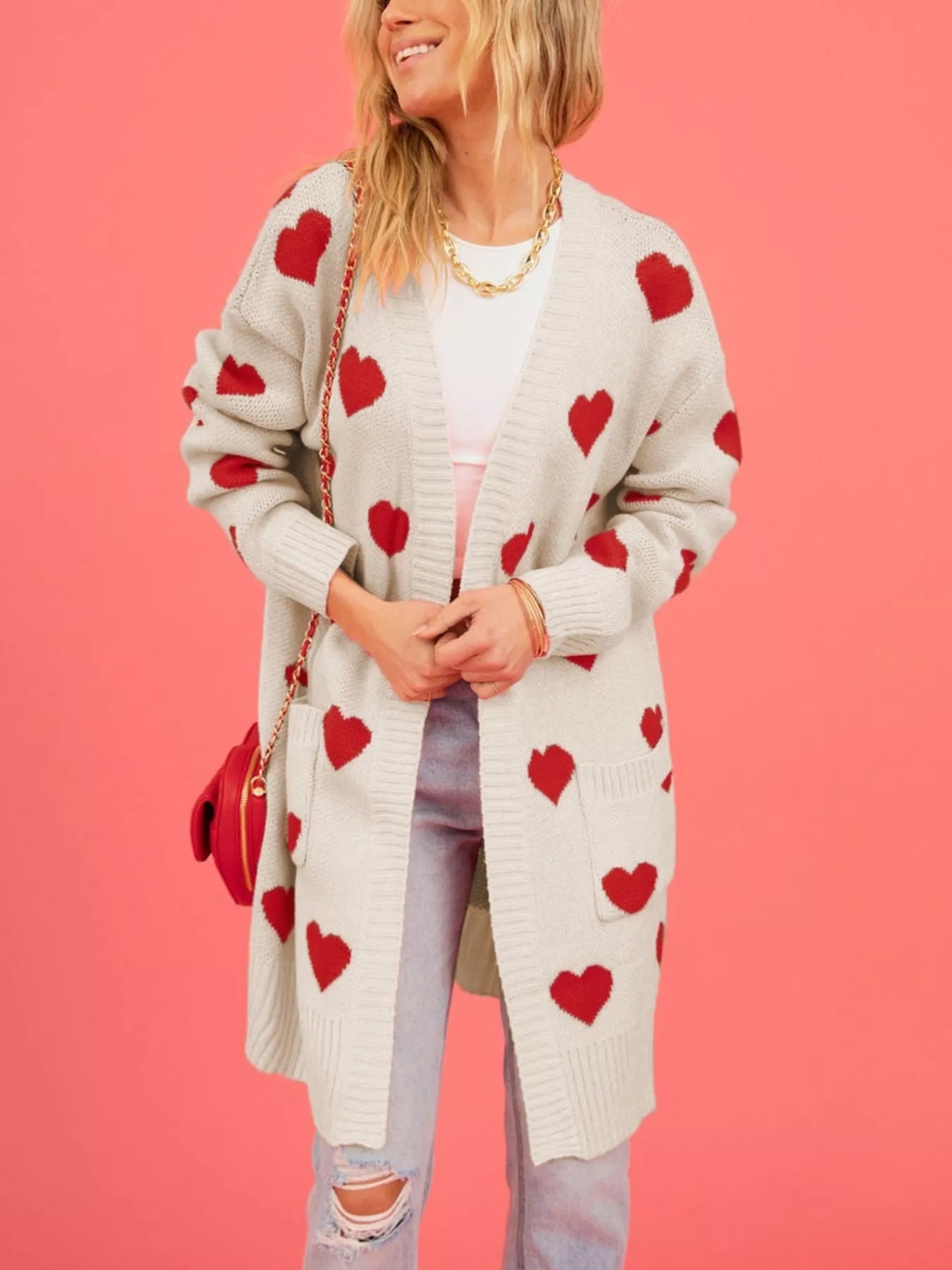 Trendsi Heart Pattern Open Front Longline Cardigan -