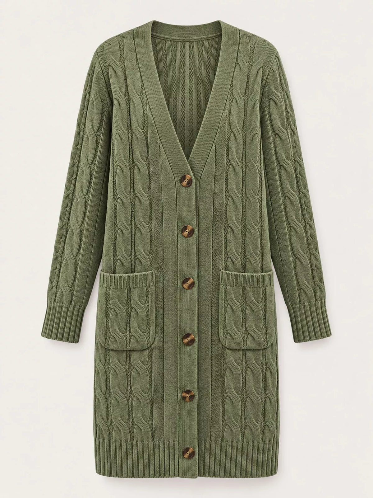 Cable Knit Button-Down Cardigan with Pockets — garment front