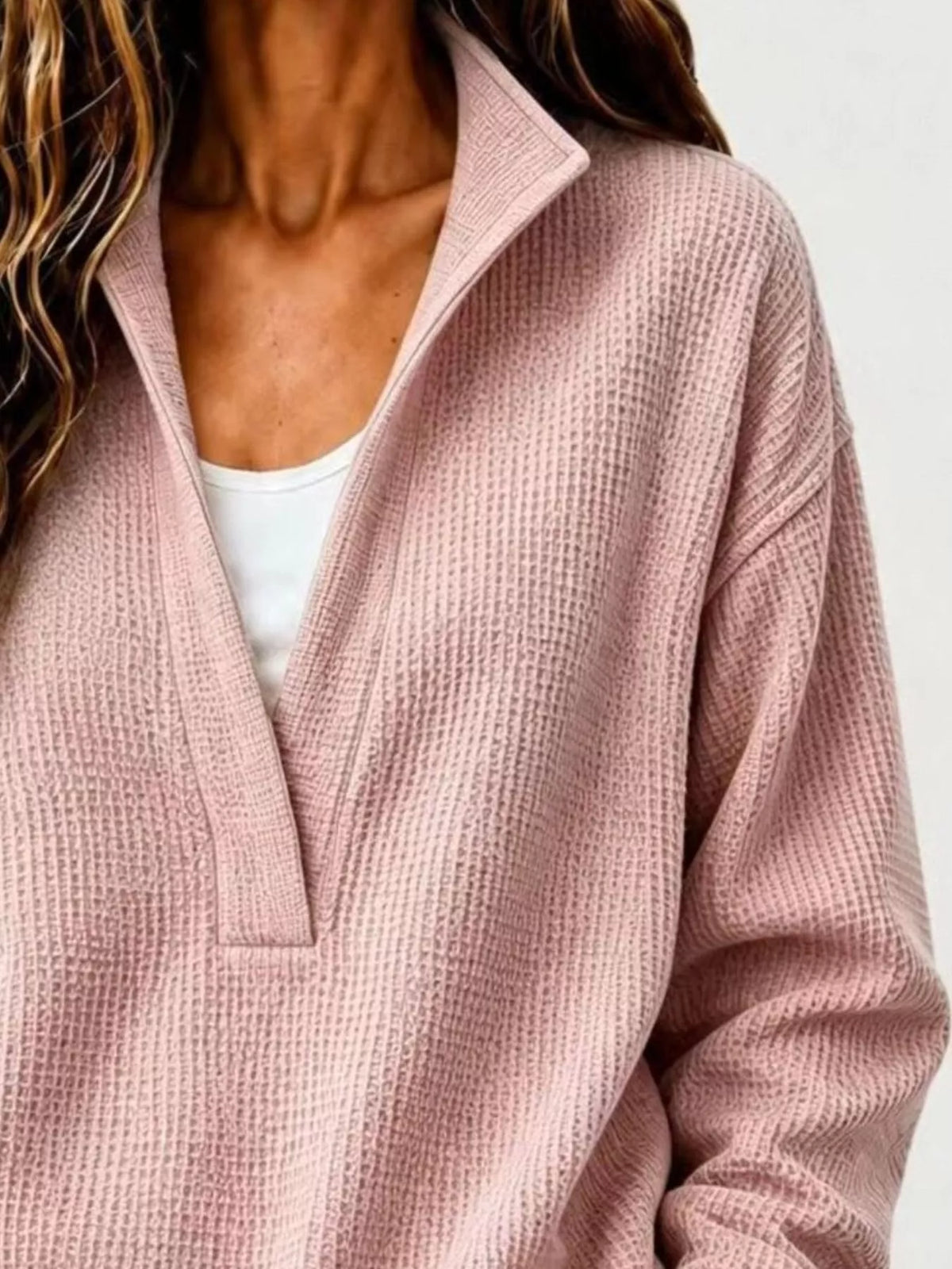 Dusty Pink Waffle Knit Dropped Shoulder Sweatshirt detail view